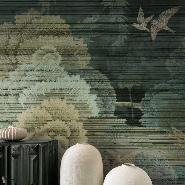 The Miori wallpaper in Blue Green by Daisy James — interior