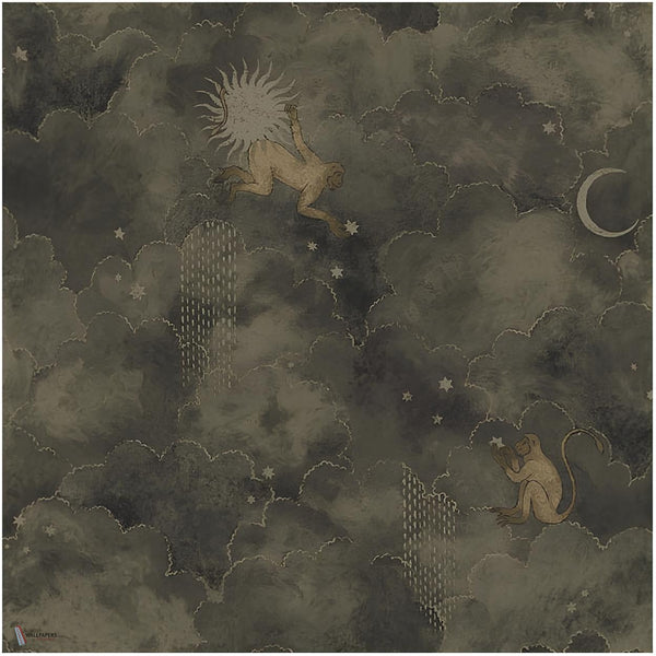 Stars and Monkeys behang in Bronze Black van Les Dominotiers