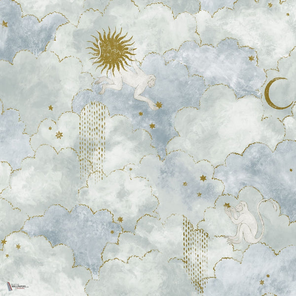 Stars and Monkeys behang in Pale Blue & Gold van Les Dominotiers
