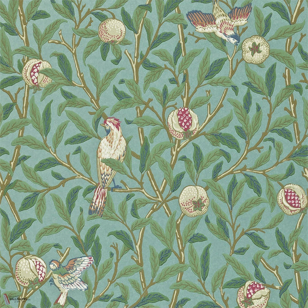 Bird & Pomegranate behang in Turquoise/Coral van Morris & Co