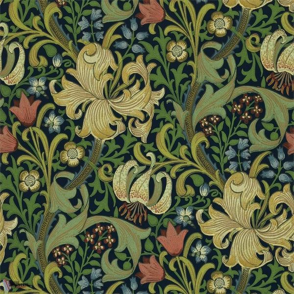 Golden Lily papel pintado en Indigo de Morris & Co