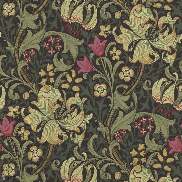 Golden Lily papier peint en Charcoal/Olive de Morris & Co