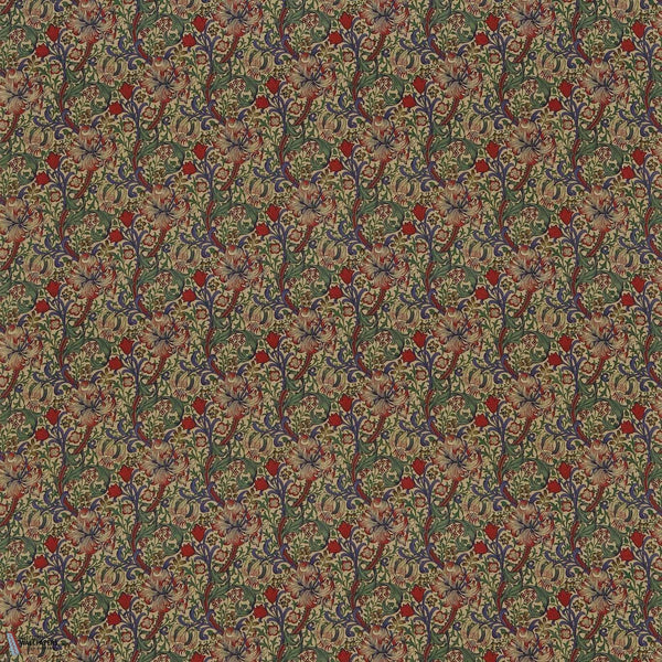 Golden Lily Minor fabric in Biscuit/Indigo/Red by Morris & Co