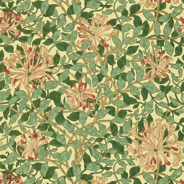 Honeysuckle behang in Green/Coral/Pink van Morris & Co