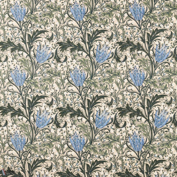 Lent Lily Embroidery fabric in Forest/Cornflower Blue by Morris & Co