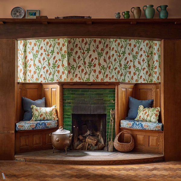 Monkshood wallpaper in Tangerine/Sage by Morris & Co