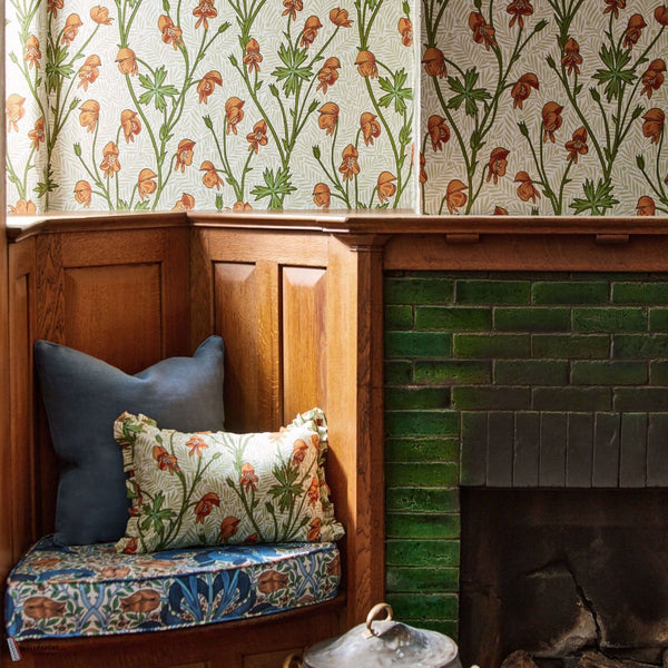 Monkshood wallpaper in Tangerine/Sage by Morris & Co