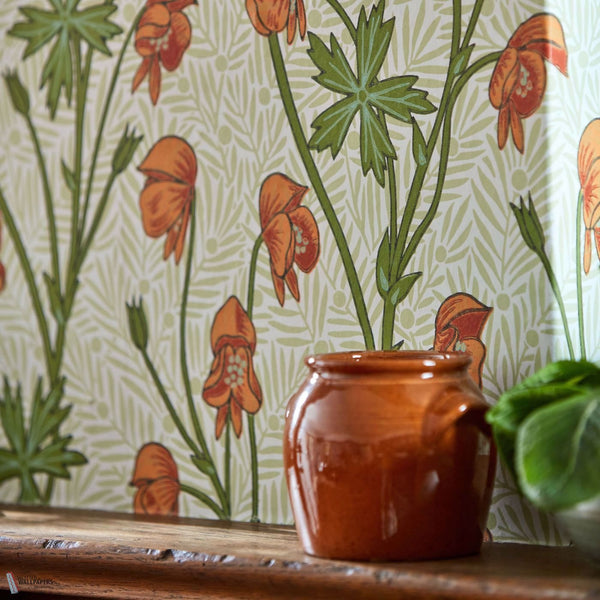 Monkshood wallpaper in Tangerine/Sage by Morris & Co
