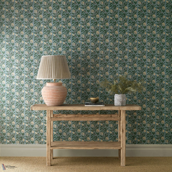 Peony Trellis wallpaper in Soft Blue/Nettle by Morris & Co