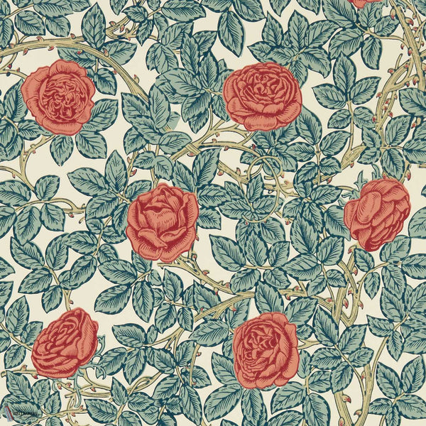 Rambling Rose wallpaper in Emery Blue/Madder by Morris & Co