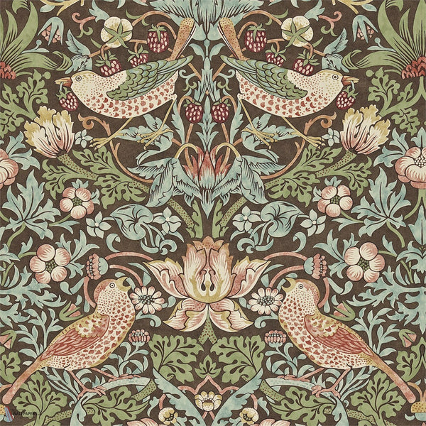 Strawberry Thief carta da parati in Chocolate/Slate di Morris & Co