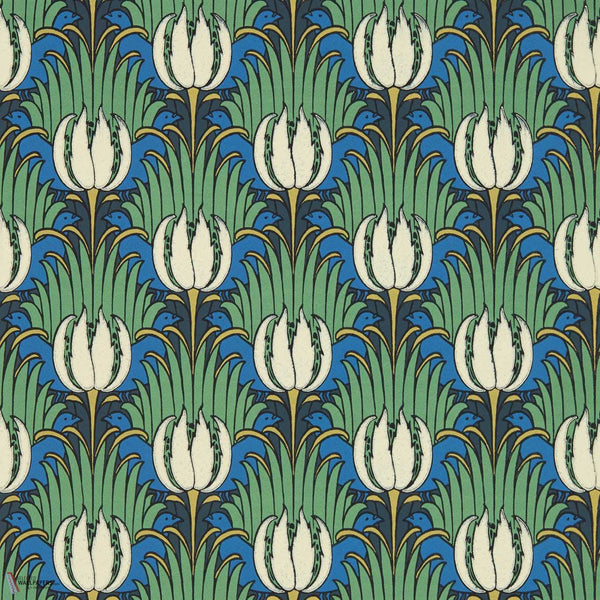 Tulip and Bird wallpaper in Goblin Green & Raven by Morris & Co
