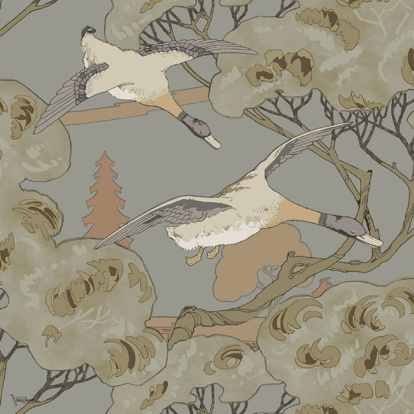 Grand Flying Ducks wallpaper in Grey/Blue by Mulberry