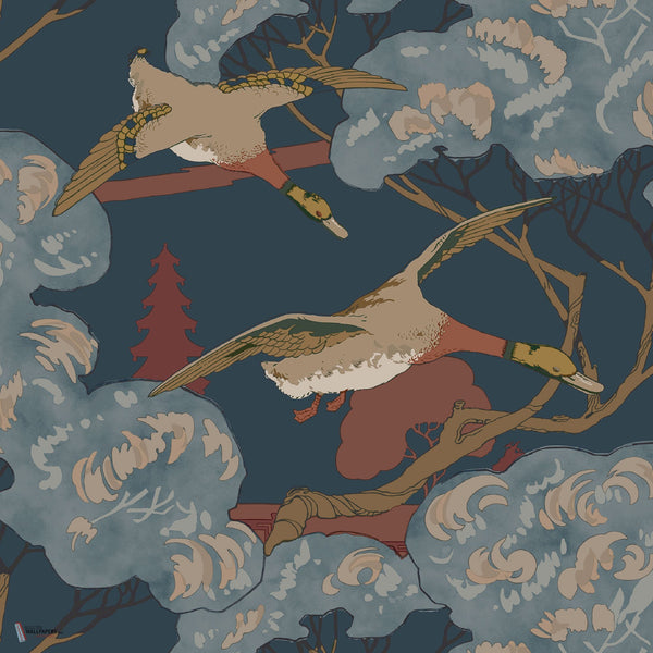 Grand Flying Ducks wallpaper in Red/Blue by Mulberry