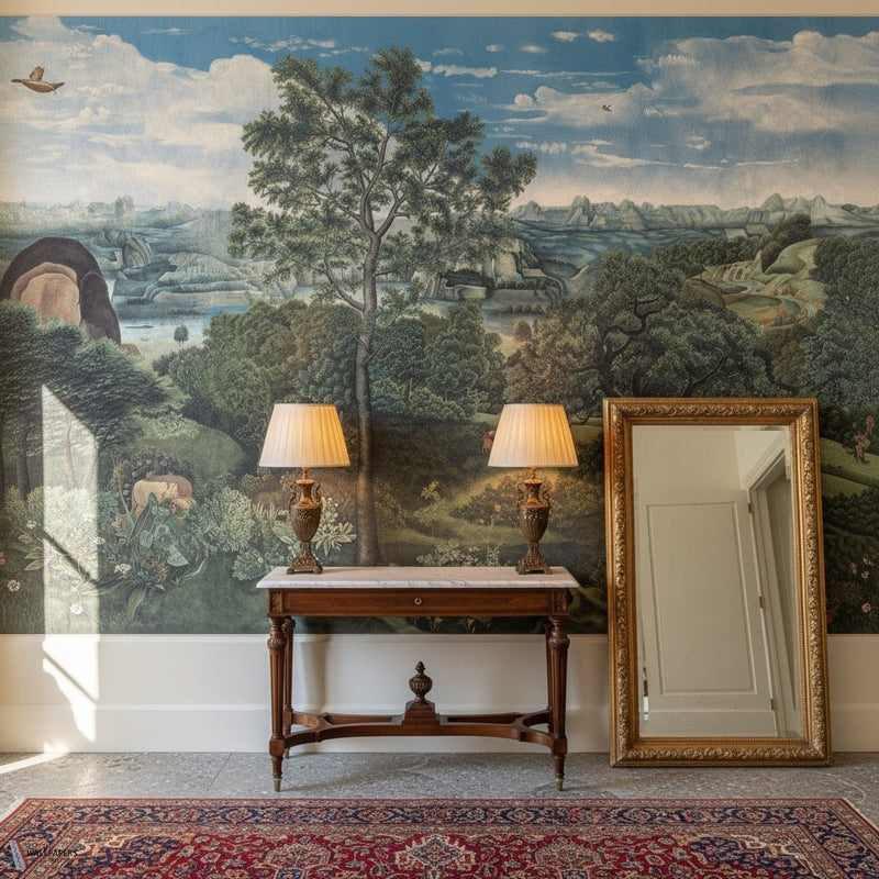 Patinir Landscape behang van Iksel — sfeerbeeld in een klassiek interieur