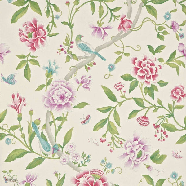 Porcelain Garden wallpaper in Magenta/Leaf Green van Sanderson