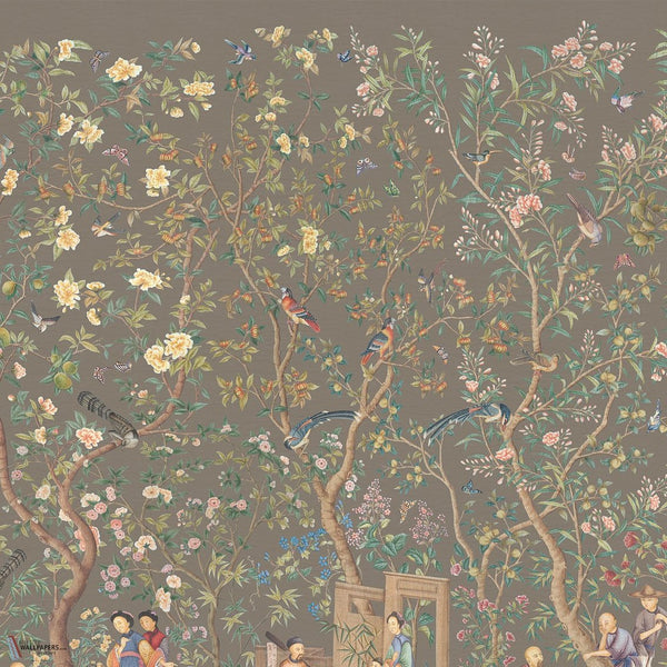 Qianlong Garden behang van Iksel — Charcoal Taupe, detail
