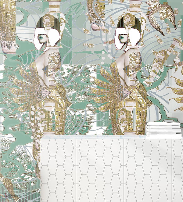 The Geisha wallpaper in Mint van Daisy James — interieur