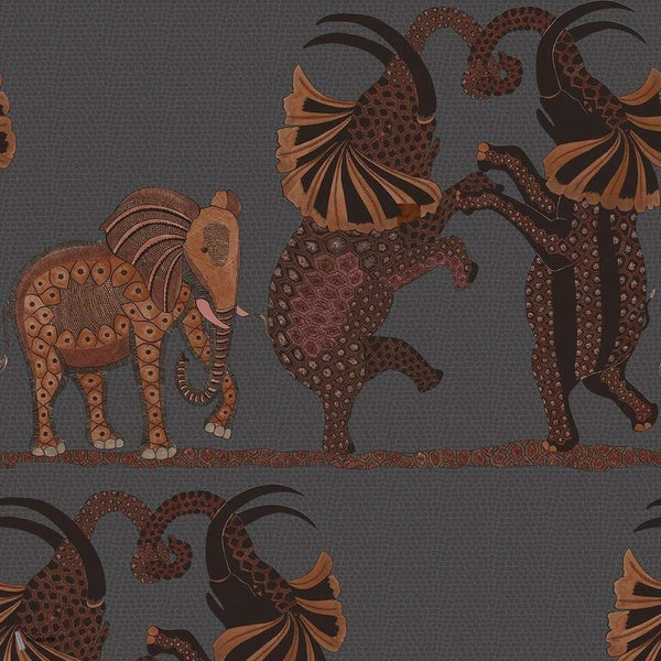 Safari Dance behang in Ginger on Charcoal van Cole & Son