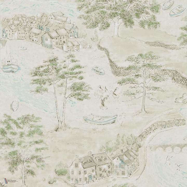 Sea Houses wallpaper in Green/Sand van Sanderson