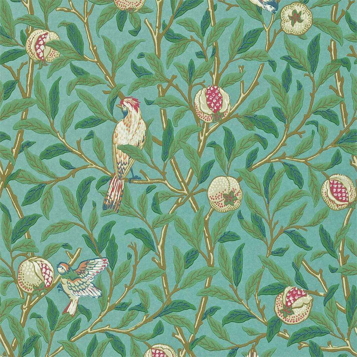 Bird & Pomegranate-behang-Tapete-Morris & Co-Turquoise/Coral-Rol-212538-Selected Wallpapers