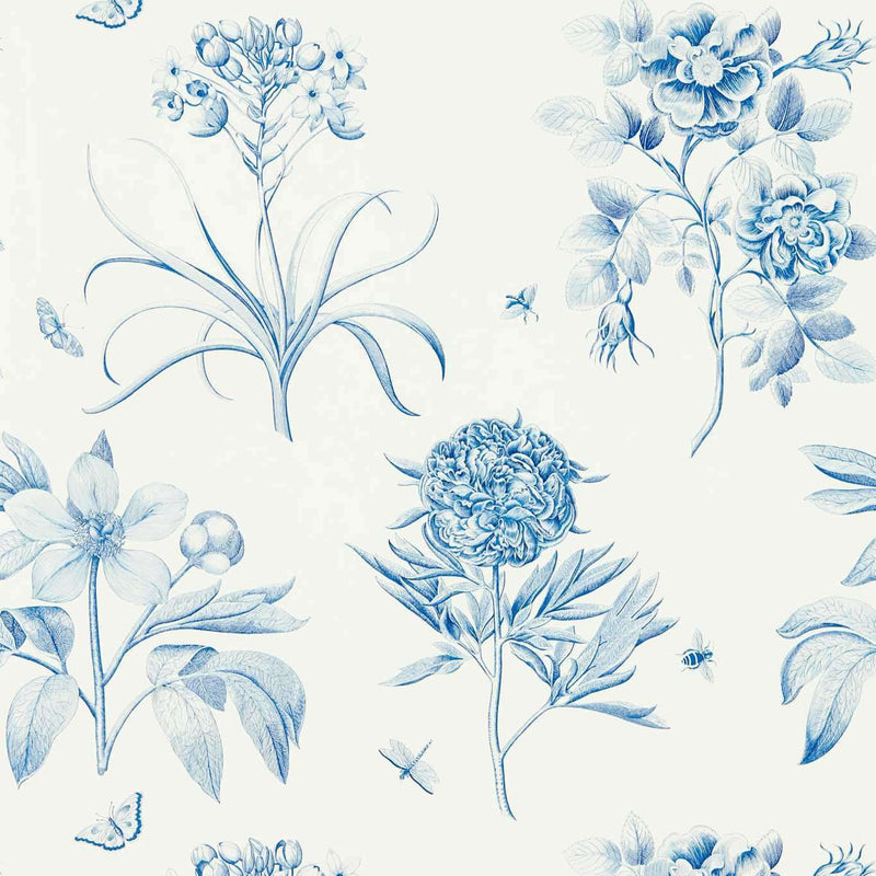 Etchings & Roses wallpaper in China Blue by Sanderson