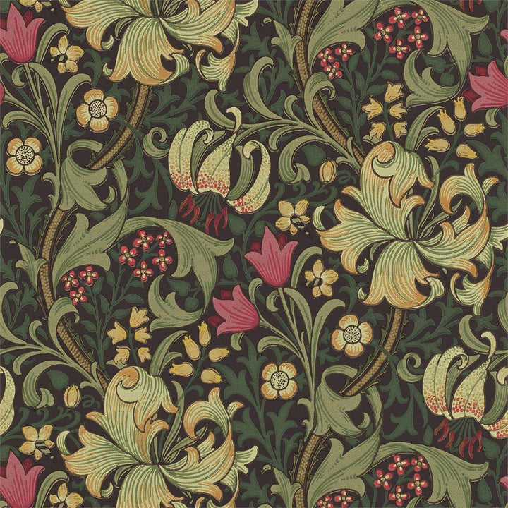 Golden Lily-behang-Tapete-Morris & Co-Charcoal/Olive-Rol-210403-Selected Wallpapers