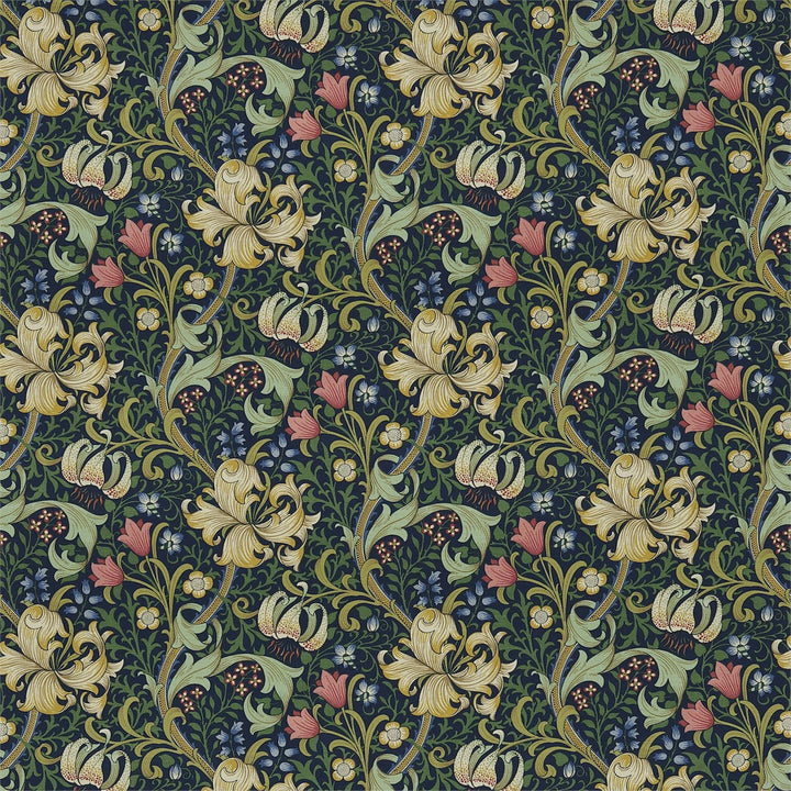 Golden Lily stof-Fabric-Tapete-Morris & Co-Midnight/Green-Meter (M1)-DMFPGL204-Selected Wallpapers