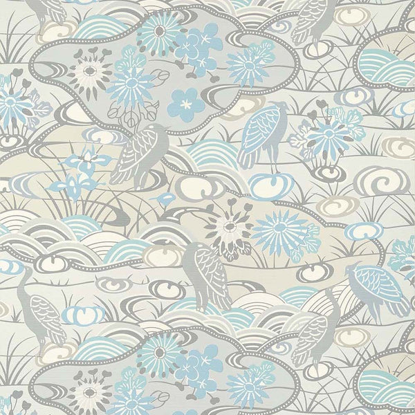 Heron Stream-Wallpaper-Thibaut-Soft Blue-Roll-T13330-Selected Wallpapers