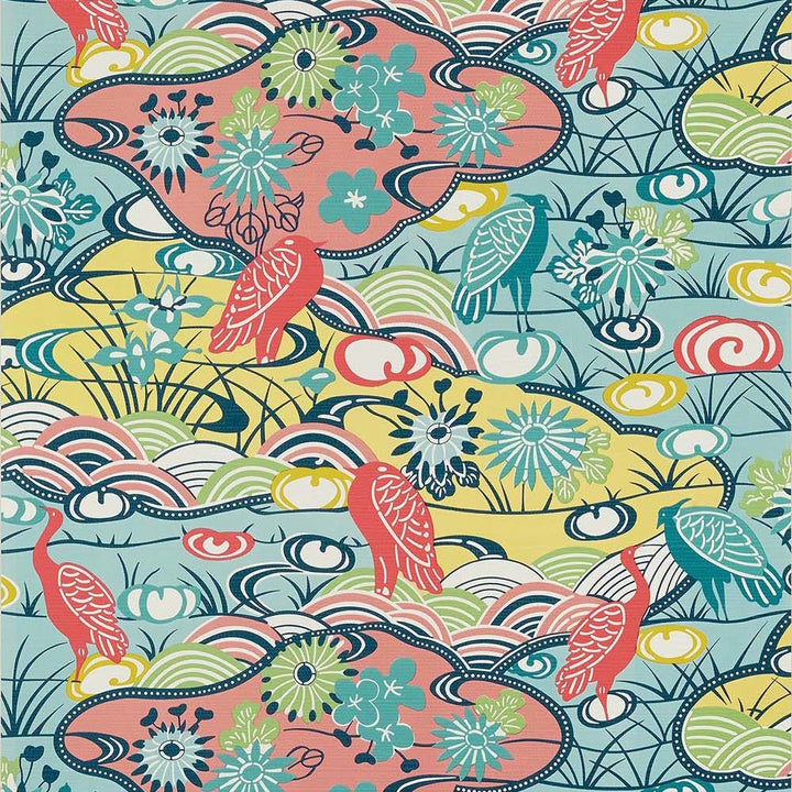 Heron Stream-Behang-Tapete-Thibaut-Coral and Aqua-Rol-T13331-Selected Wallpapers
