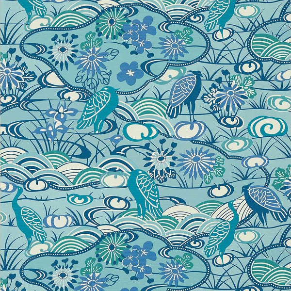 Heron Stream-Wallpaper-Thibaut-Turquoise-Roll-T13333-Selected Wallpapers