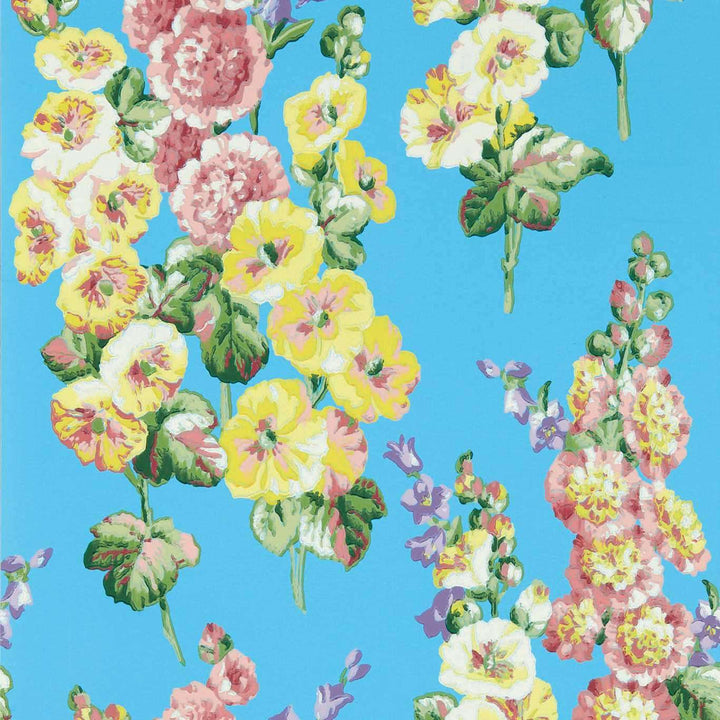 Hollyhocks-behang-Tapete-Sanderson-Fire Pink/Bright Blue-Rol-217033-Selected Wallpapers
