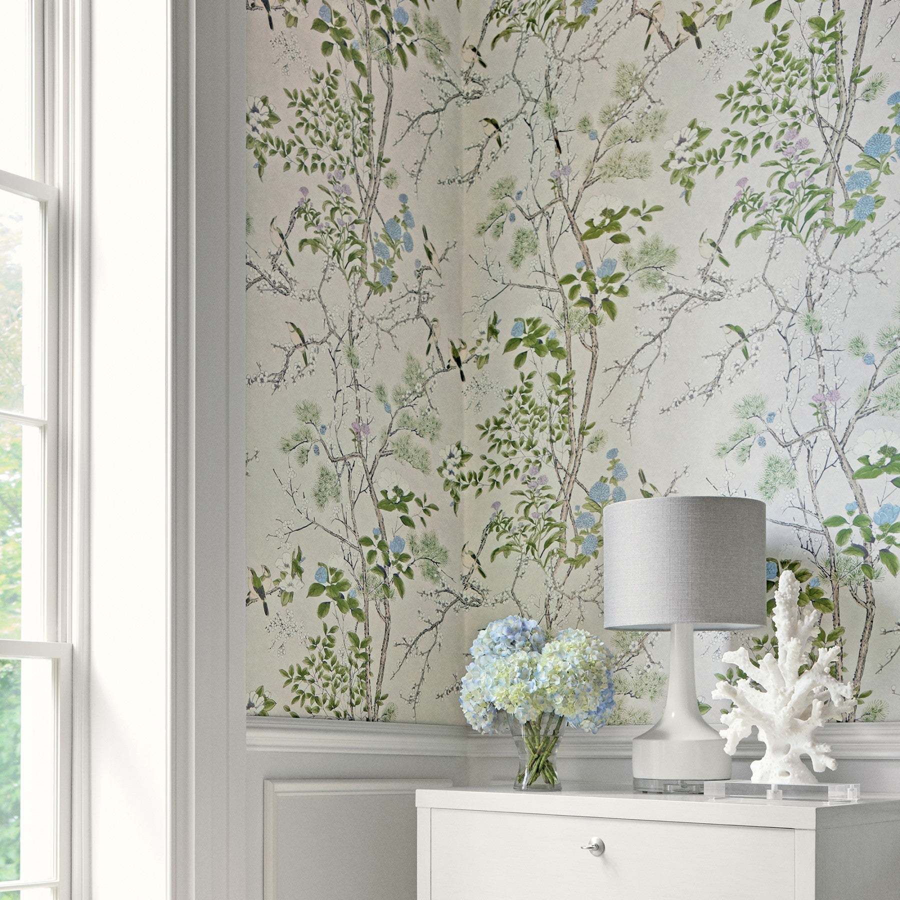 T13924 PROTEA Wallpaper Neutral and Spa Blue from the Thibaut Palm Grove  collection
