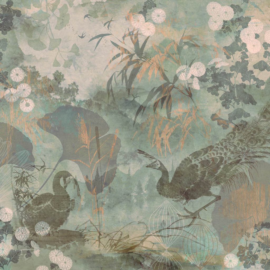 Peacock Garden-Behang-Tapete-Presence-Soft Turquoise-Silk Vinyl-PS105/04-Selected Wallpapers