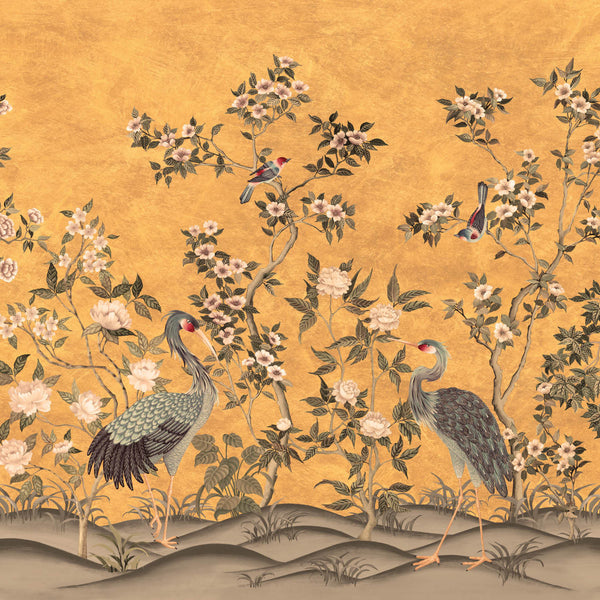 Romantic Cranes-Behang-Presence-Gold-Naadloos Green Vinyl-PS100/01-Selected Wallpapers