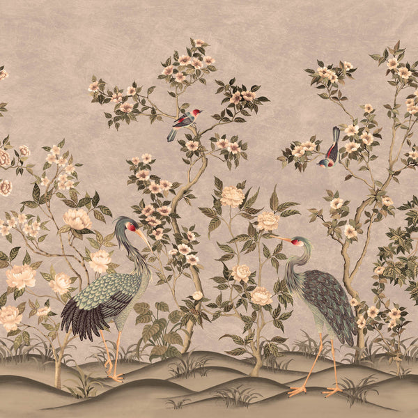 Romantic Cranes-Behang-Presence-Stone-Naadloos Green Vinyl-PS100/02-Selected Wallpapers