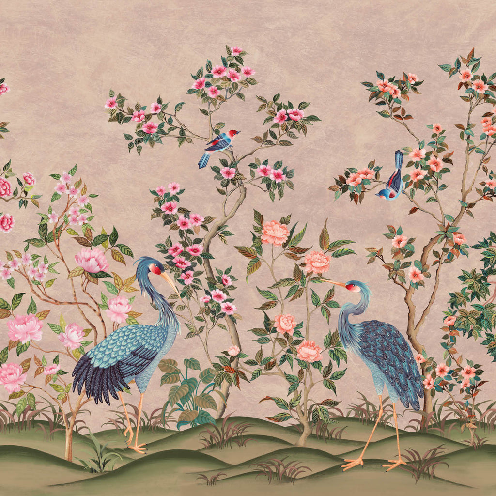 Romantic Cranes-Behang-Tapete-Presence-Pink Plaster-Naadloos Green Vinyl-PS100/03-Selected Wallpapers