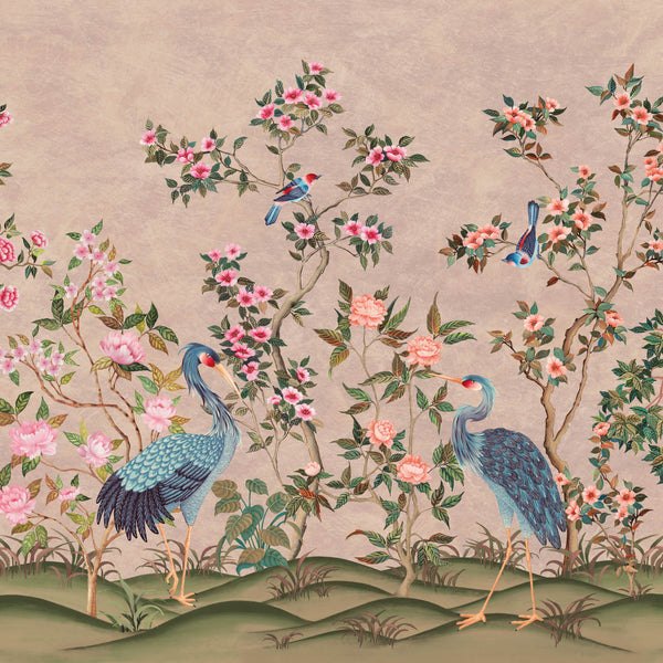 Romantic Cranes-Behang-Presence-Pink Plaster-Naadloos Green Vinyl-PS100/03-Selected Wallpapers