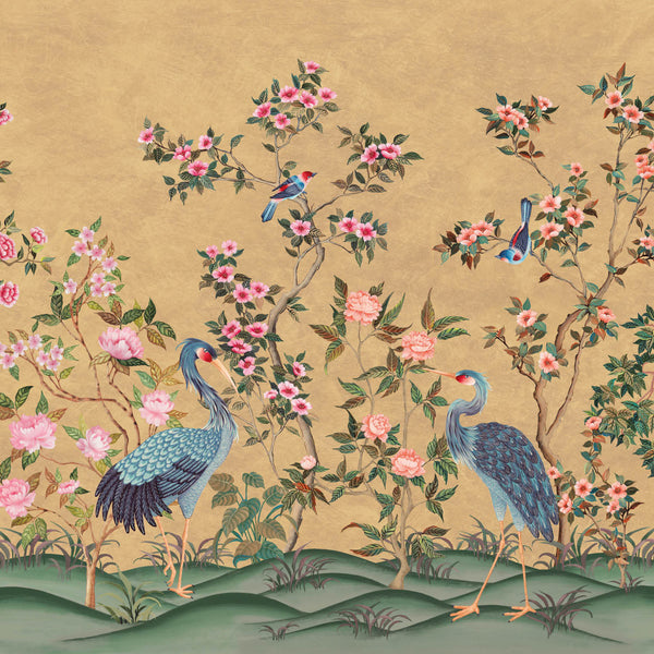 Romantic Cranes-Behang-Presence-Old Ochre-Naadloos Green Vinyl-PS100/05-Selected Wallpapers