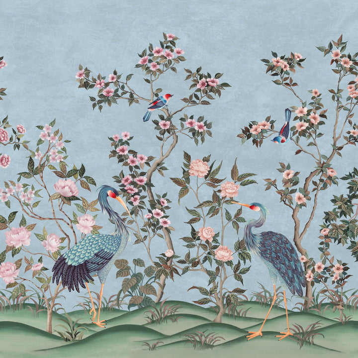 Romantic Cranes-Behang-Tapete-Presence-Sky Blue-Naadloos Green Vinyl-PS100/06-Selected Wallpapers