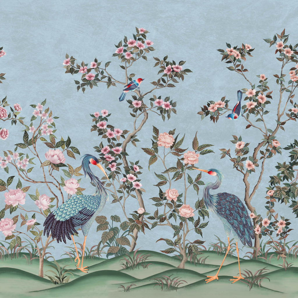 Romantic Cranes-Behang-Tapete-Presence-Sky Blue-Naadloos Green Vinyl-PS100/06-Selected Wallpapers