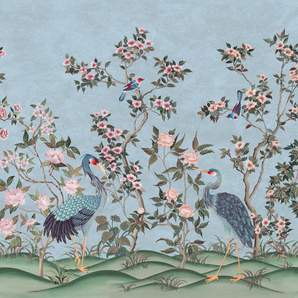 Romantic Cranes-Behang-Presence-Sky Blue-Naadloos Green Vinyl-PS100/06-Selected Wallpapers