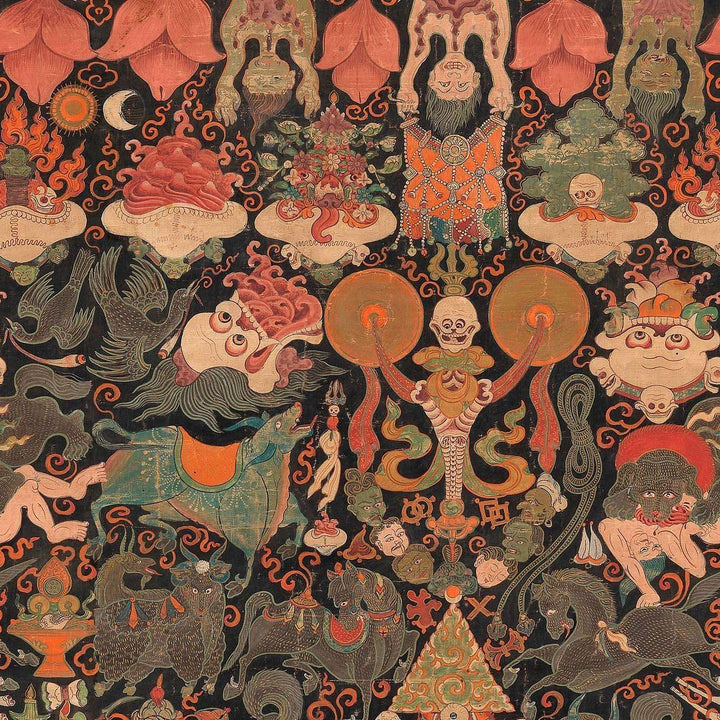 Yama Dharmaraja-behang-Tapete-Mind the Gap-Bruin/Groen/Rood-300 cm (standaard)-WP20451-Selected Wallpapers