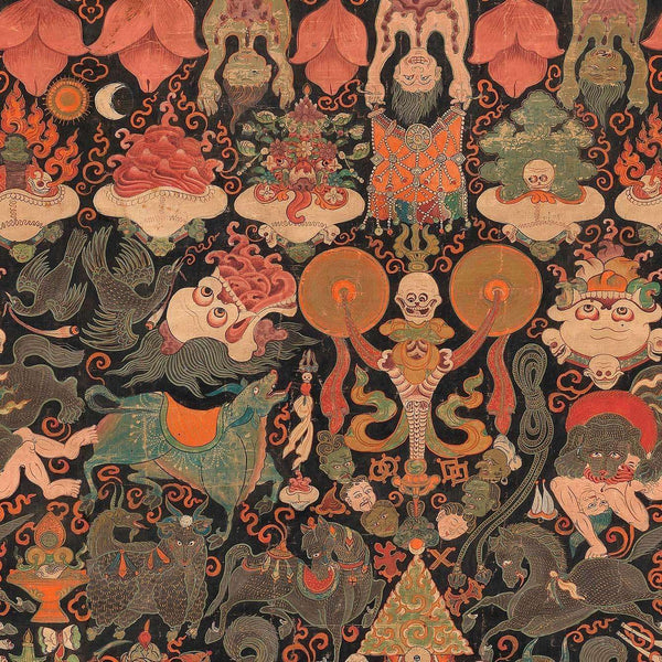 Yama Dharmaraja-behang-Mind the Gap-Bruin/Groen/Rood-300 cm (standaard)-WP20451-Selected Wallpapers